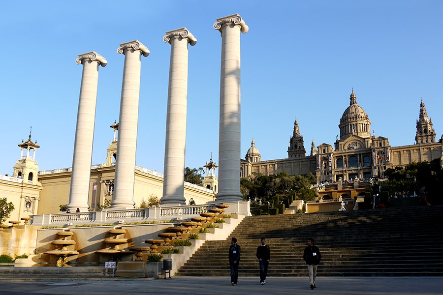 Montjuic columns. Viewed from the near stairs.